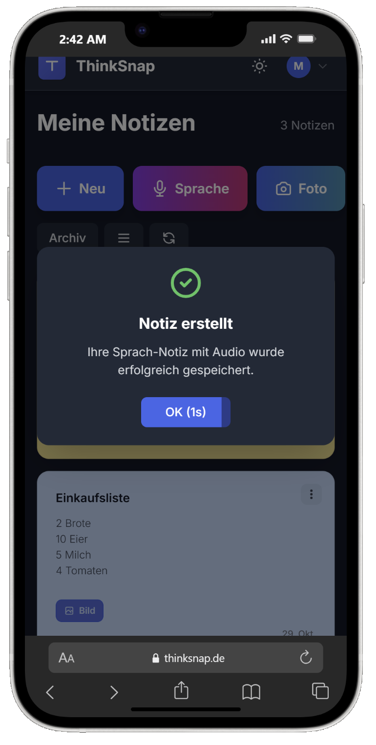 ThinkSnap mit erstellter Notiz